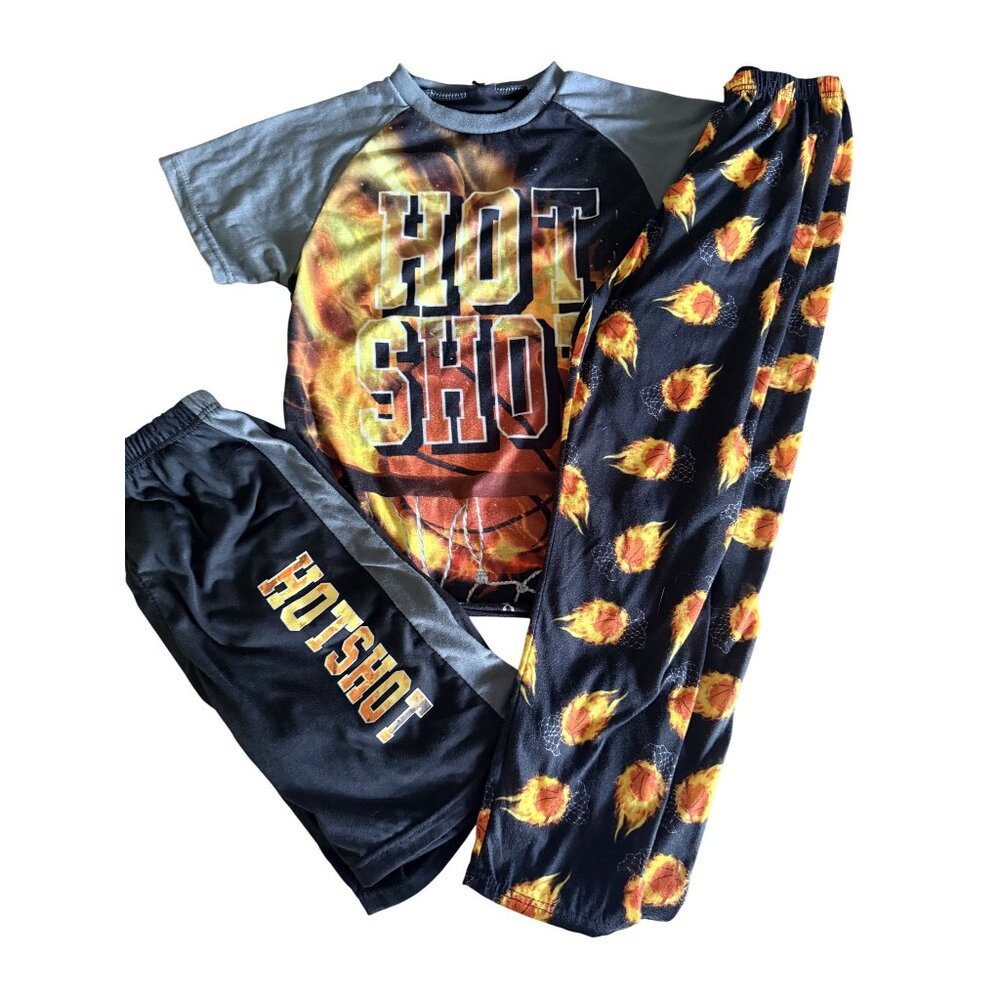 Hot Shot 3-pc Basketball Flame Print Short Sleeve Youth Pajama Set 12/14
